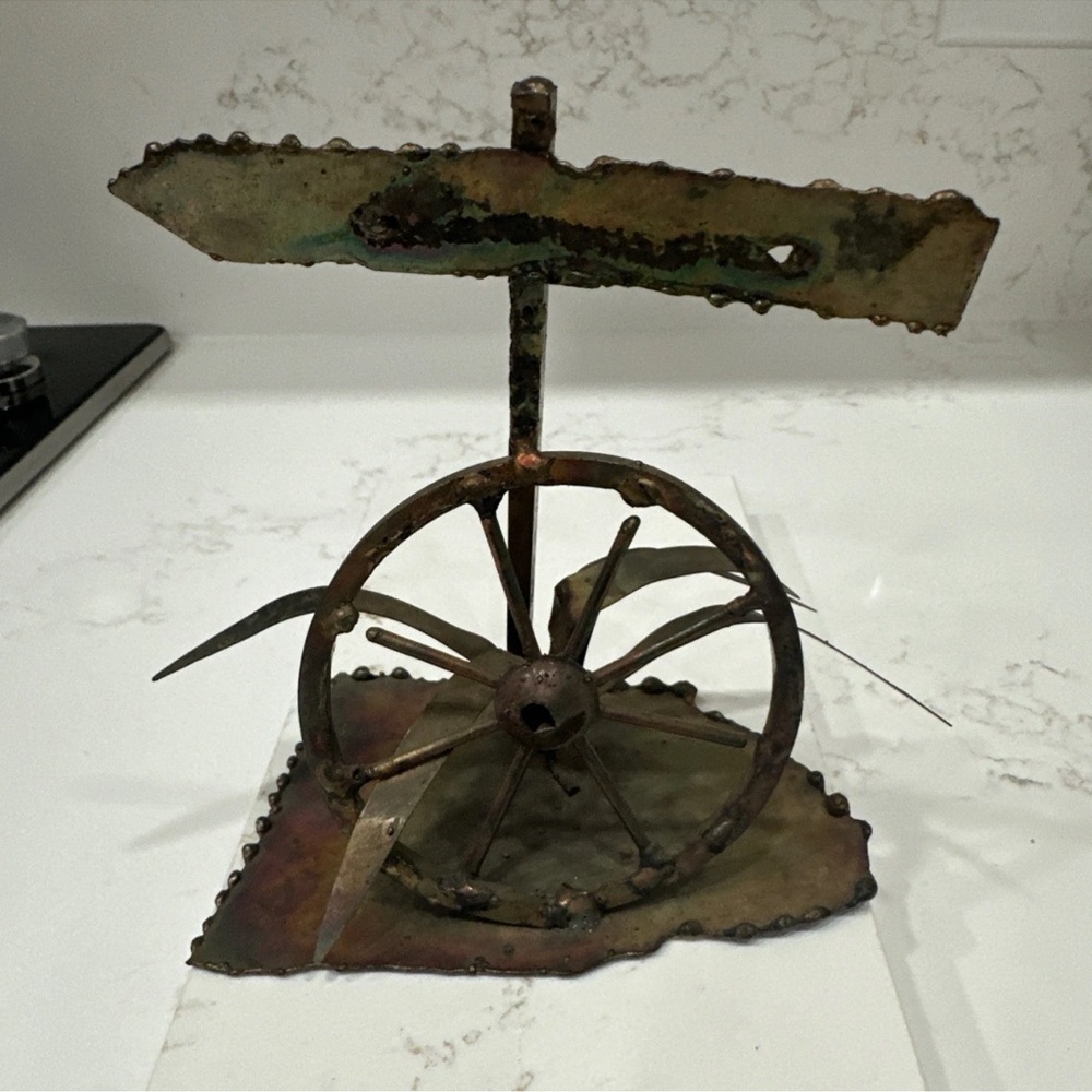 VINTAGE Brutalist Folk Art Copper Road Sign, Wagon Wheel, & Desert Grass